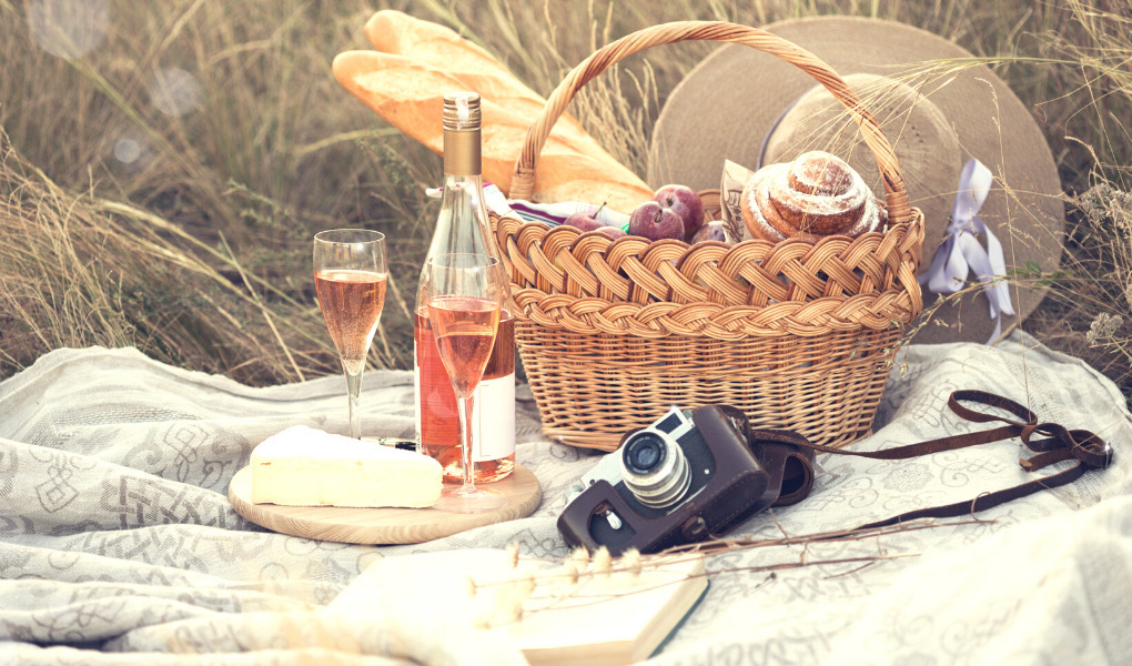 Rustic picnic with blanket, basket of food, book and camera